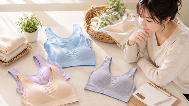 複数のノンワイヤーブラを並べて比較検討する女性の様子。ジニエブラエアーの価格相場やコストパフォーマンスを検討するイメージ