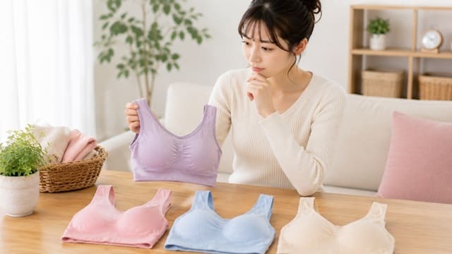 複数のノンワイヤーブラを比較しながら品質を確認する女性。ジニエブラの正規品と並行輸入品の違いを検討するイメージ