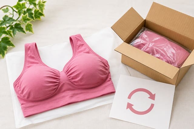 ジニエブラと配送用ボックスを並べた写真。サイズ交換保証や返品・交換対応のある購入先をイメージしたブログ見出し画像。