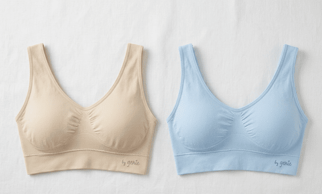 清潔な白いリネンの背景に、ベージュとライトブルーの2枚のgenie bra（ジニエブラ）とgenie braair（ジニエブラエアー）が並んで置かれています。どちらも同じデザインで、中央にギャザーがあり、幅広のアンダーバンドにはグレーの「by genie」ロゴが刺繍されています。